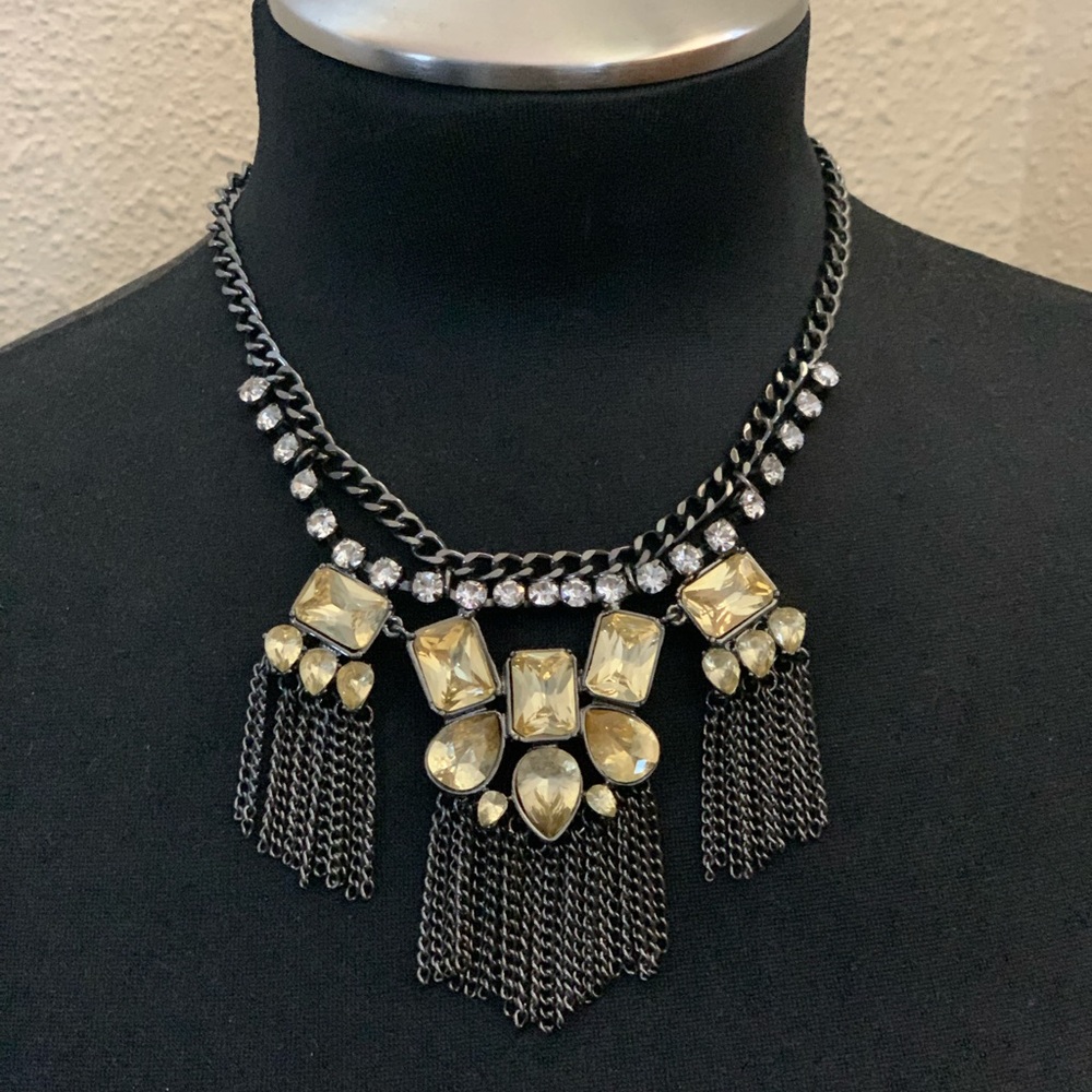 BCBGENERATION NECKLACE FRINGE YELLOW FAUX DIAMOND BLACK CHARCOAL BIB
